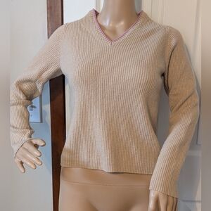 GAP Italian Marino Beige V-Neck Sweater with Lavender Trim-XL